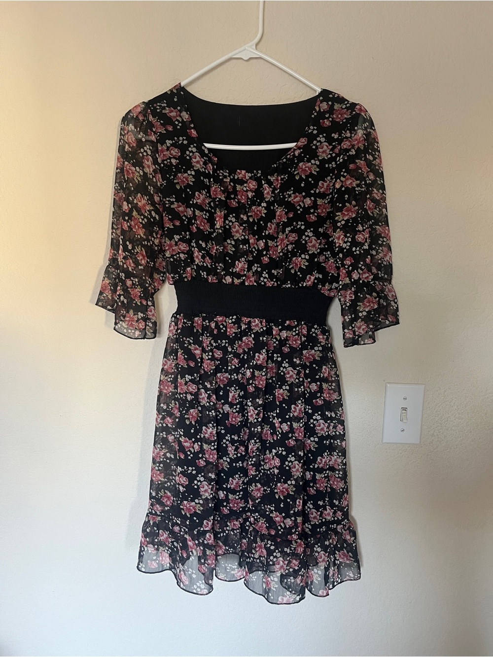 Black Floral Midi Dress with Pink Rose Print